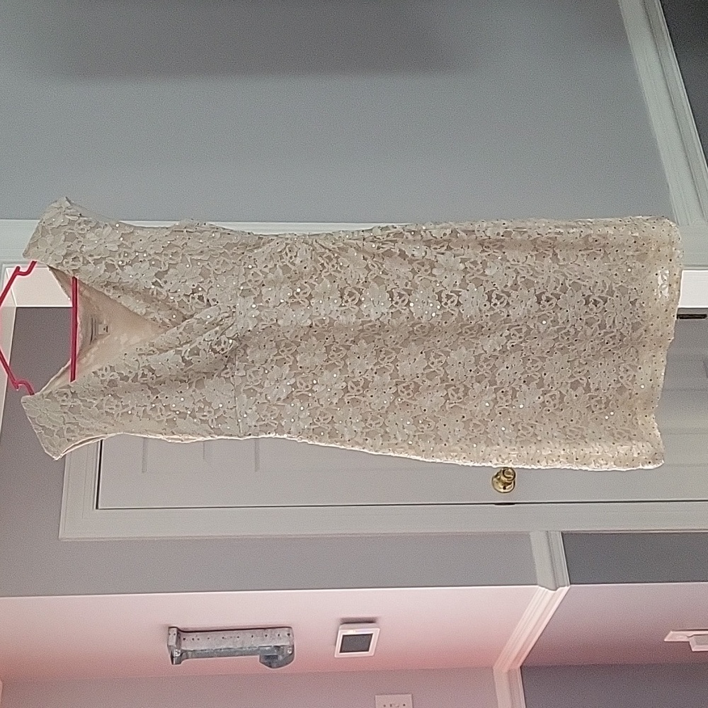 Cream and gold-sequined cocktail dress. Size 10
